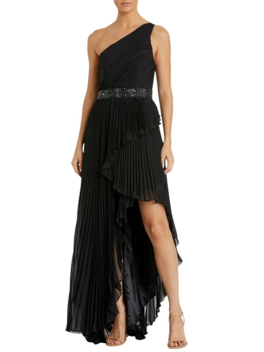 Mac Duggal Black Pleated Gown Asymmetrical One Shoulder High-Low 49532 Size 6